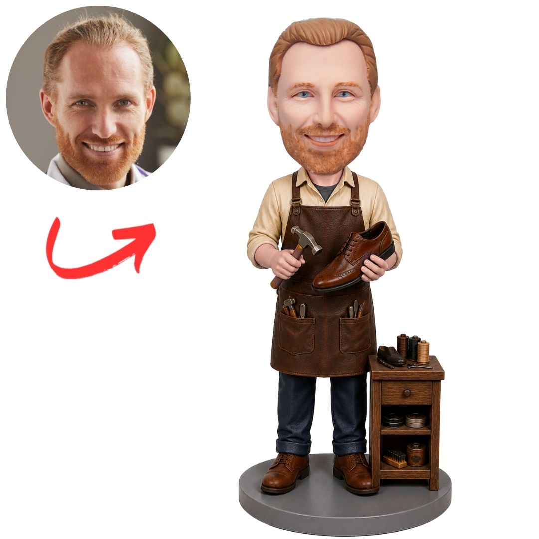 Shoe Cobbler Holding Shoe at Workbench Custom Bobblehead