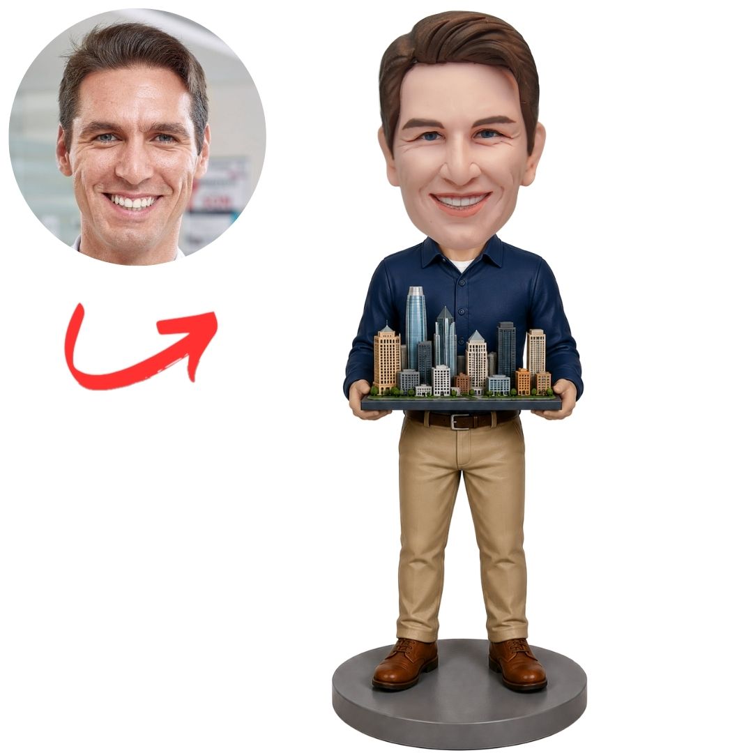 Man Holding City Skyline Model Custom Bobblehead