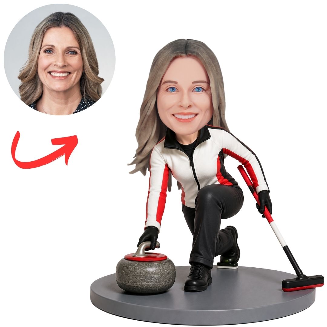 Curling Player in White Jacket with Broom Custom Bobblehead