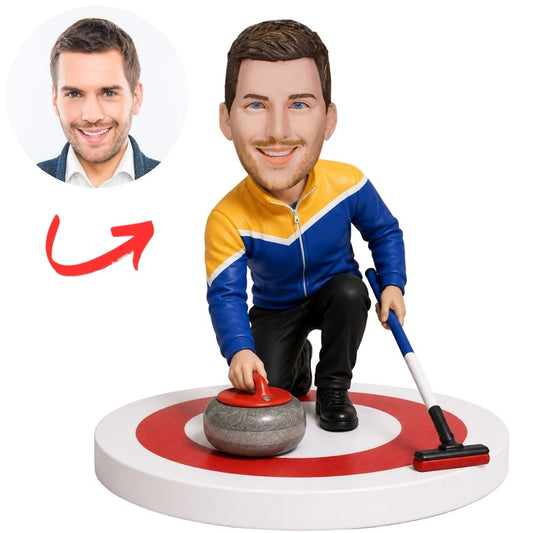 Curling Player in Blue and Yellow Jacket on Target Base Custom Bobblehead