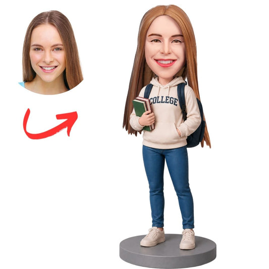 Student Girl in College Sweatshirt Holding Books Custom Bobblehead