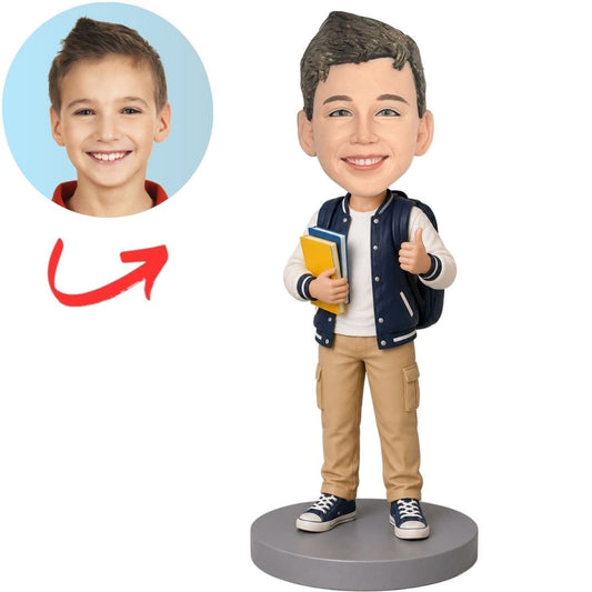 Elementary Student Boy Holding Books and Giving Thumbs Up Custom Bobblehead