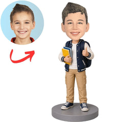 Elementary Student Boy Holding Books and Giving Thumbs Up Custom Bobblehead