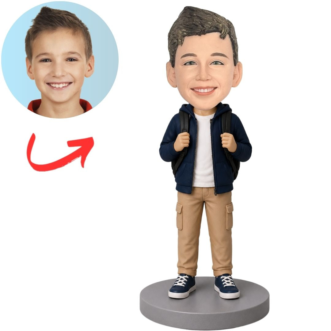 Elementary Student Boy with Backpack in Navy Jacket Custom Bobblehead