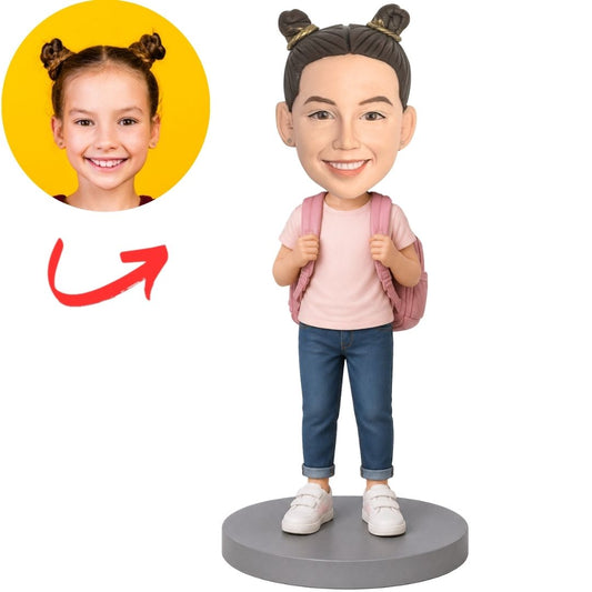 Elementary Student Girl with Pink Backpack Custom Bobblehead