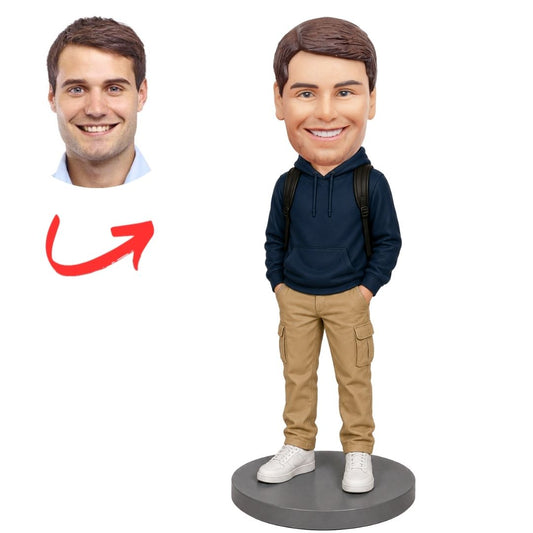 Teen Boy in Navy Hoodie with Hands in Pockets Custom Bobblehead