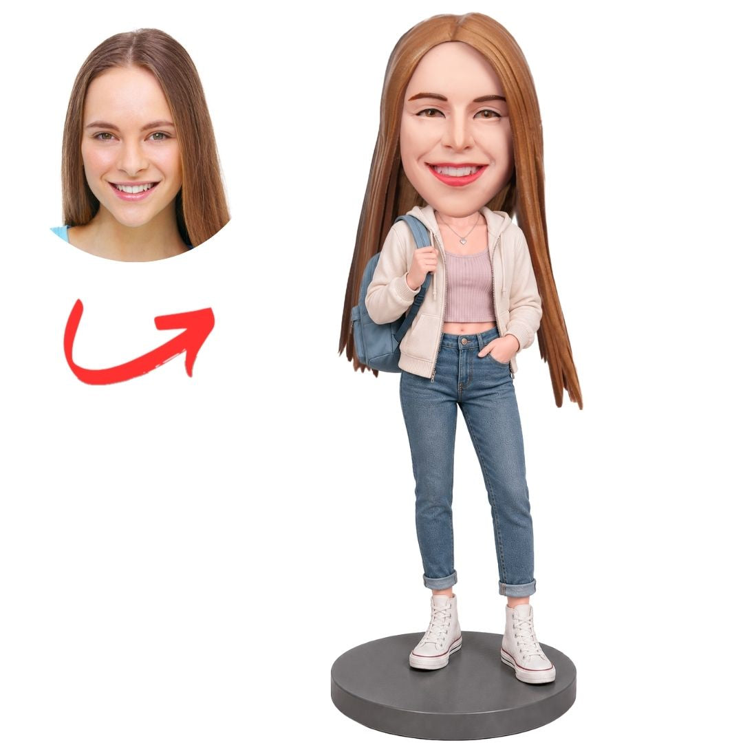 Teen Girl in Denim Jacket and Pink Shirt Custom Bobblehead