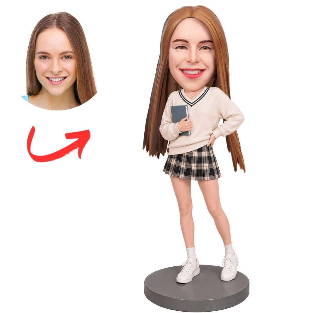 Teen Girl in School Uniform with Plaid Skirt Custom Bobblehead