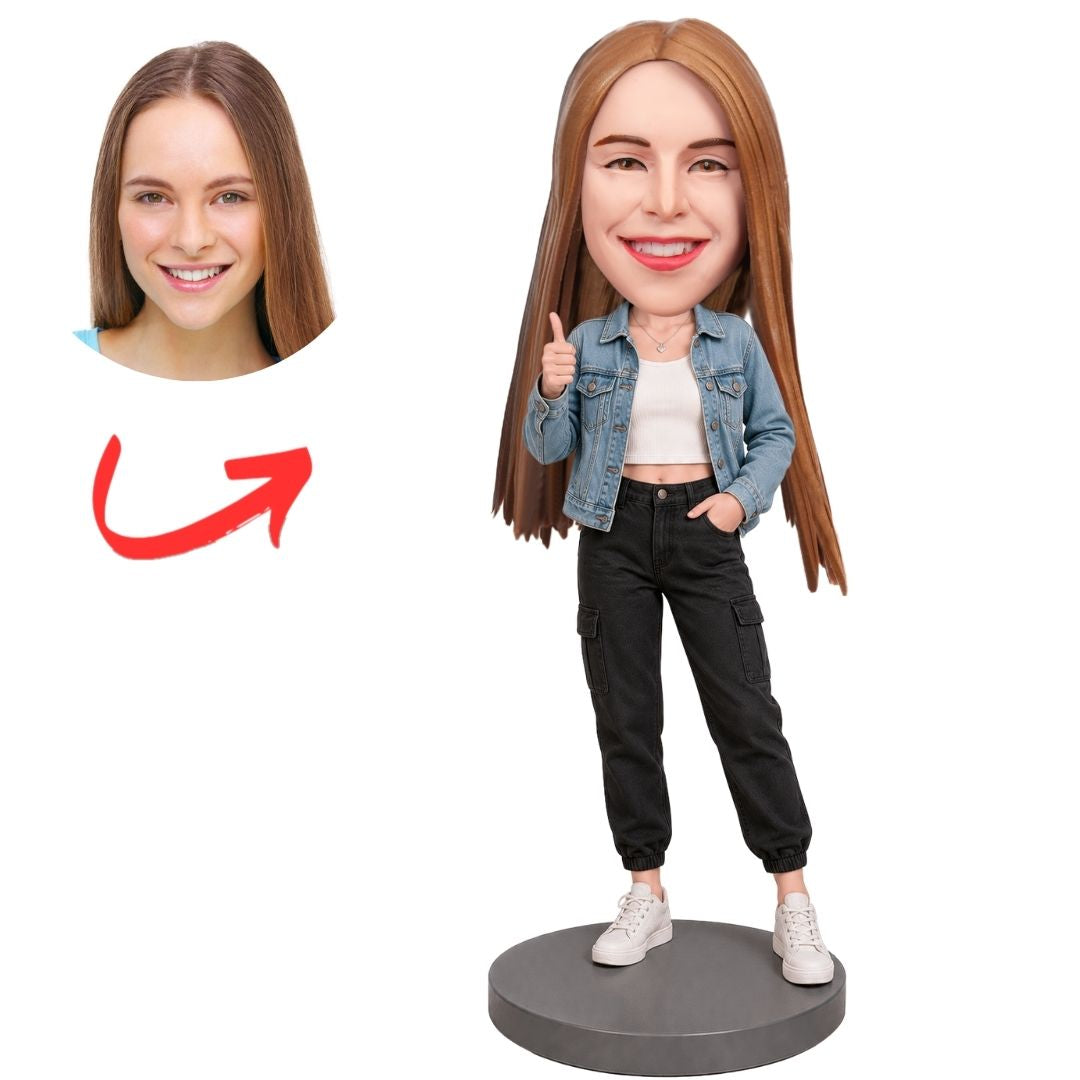 Teen Girl in Denim Vest and Black Pants Peace Sign Custom Bobblehead