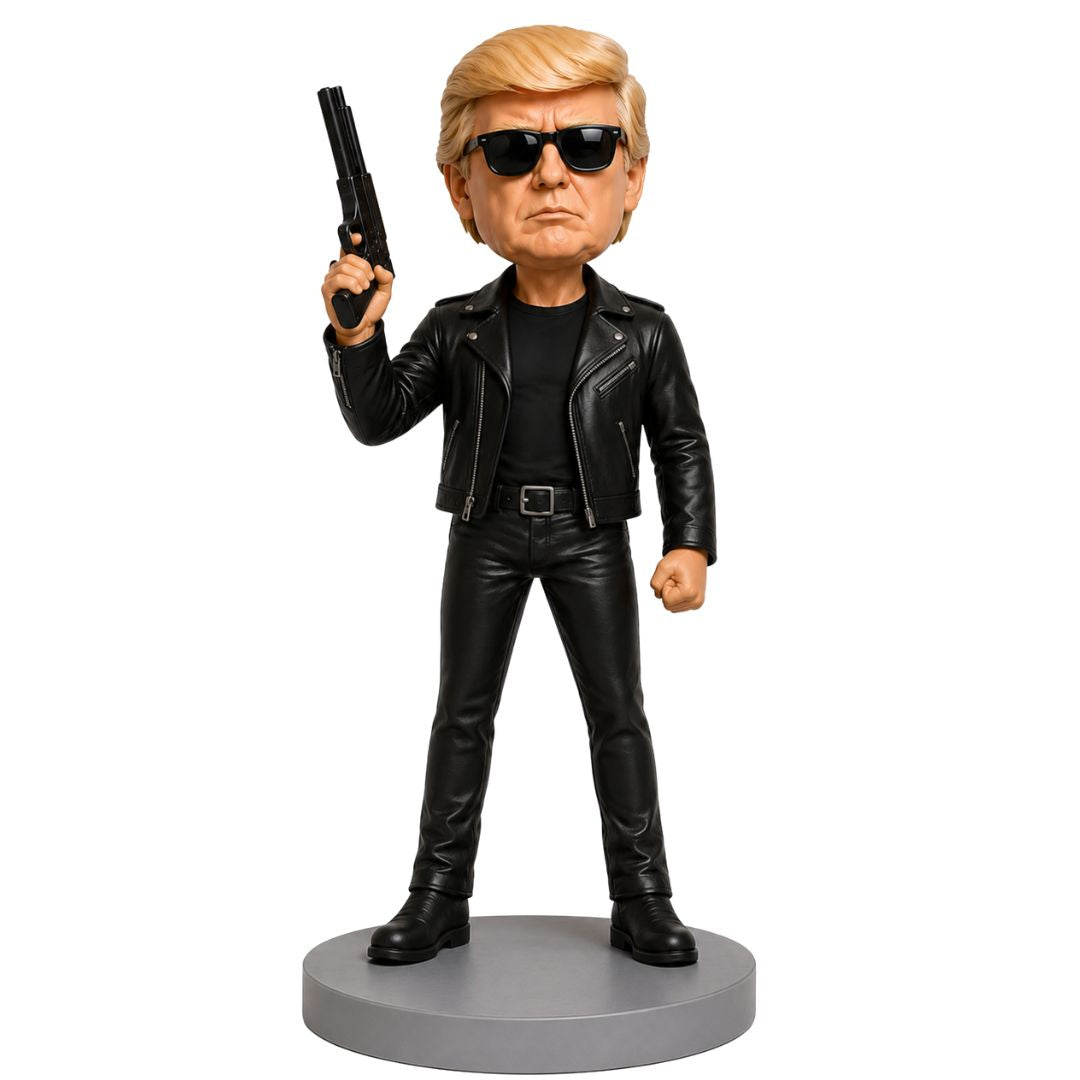 Trumpinator in Black Leather Holding Pistol Custom Bobblehead