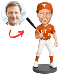 UT Baseball Player in Orange Uniform Holding Bat Custom Bobblehead