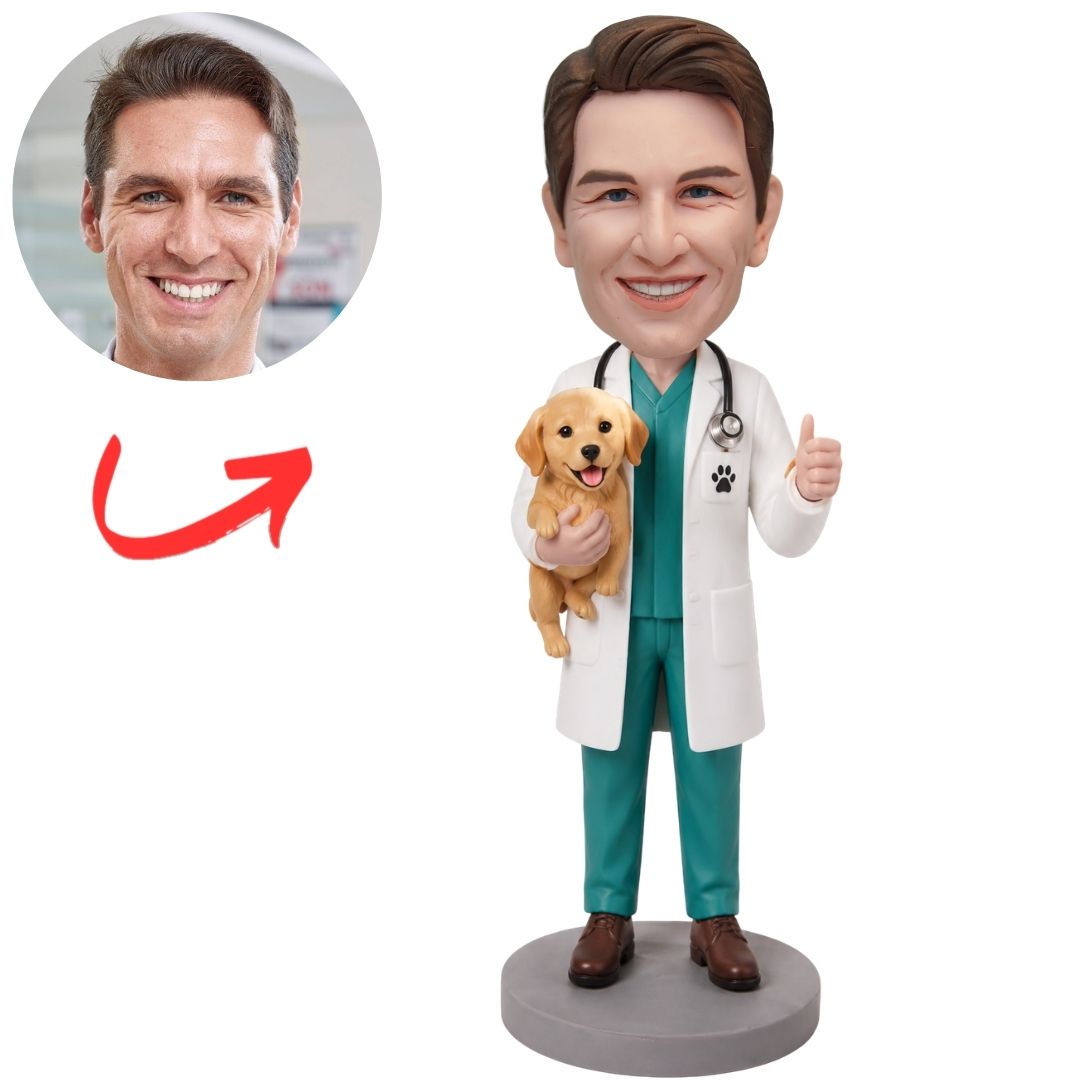 Veterinarian in Lab Coat Holding Puppy Custom Bobblehead