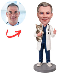 Veterinarian in Lab Coat Holding Cat Custom Bobblehead