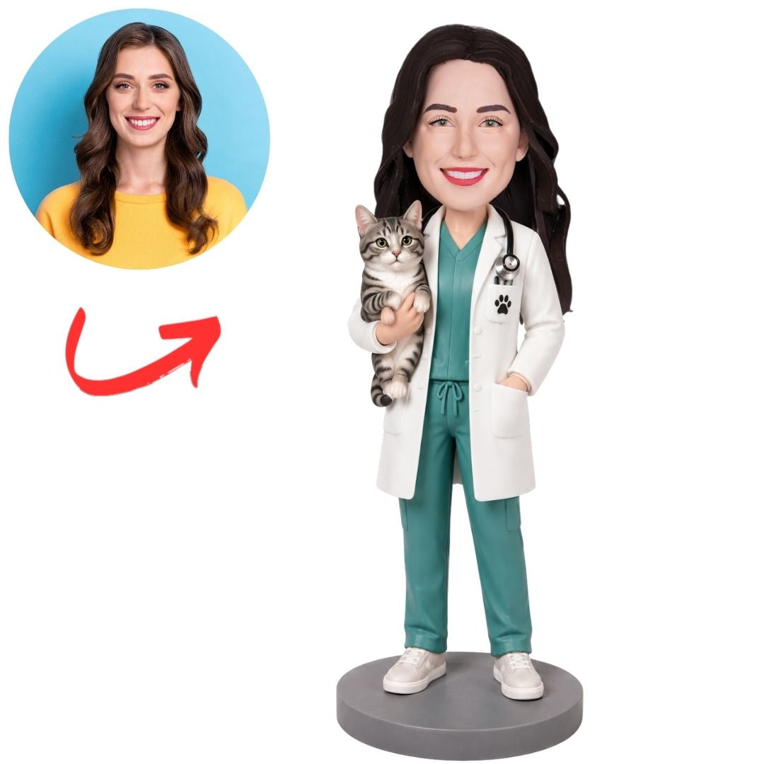 Veterinarian in Lab Coat Holding Gray Cat Custom Bobblehead