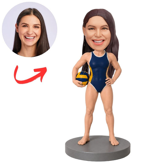 Woman Water Polo Player in Navy Suit Holding Ball Custom Bobblehead