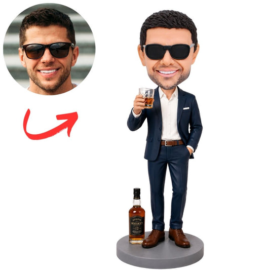 Whiskey Lover in Navy Suit Holding Glass Custom Bobblehead