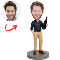 Wine Lover in Navy Shirt Holding Bottle Custom Bobblehead