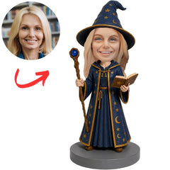 Wizard in Blue Robe with Hat Staff and Book Custom Bobblehead