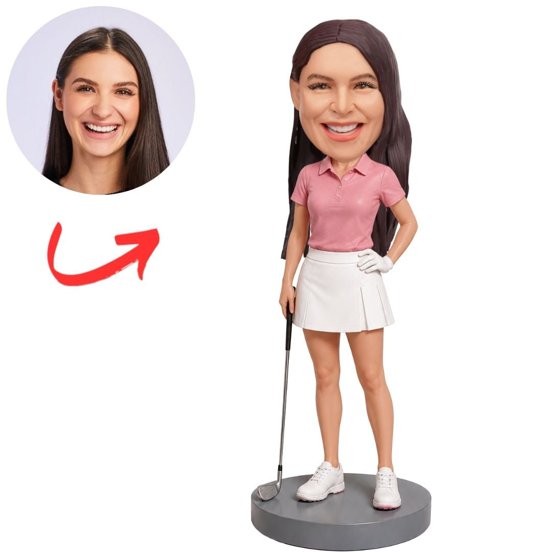 Woman Golfer in Pink Polo Holding Club Custom Bobblehead