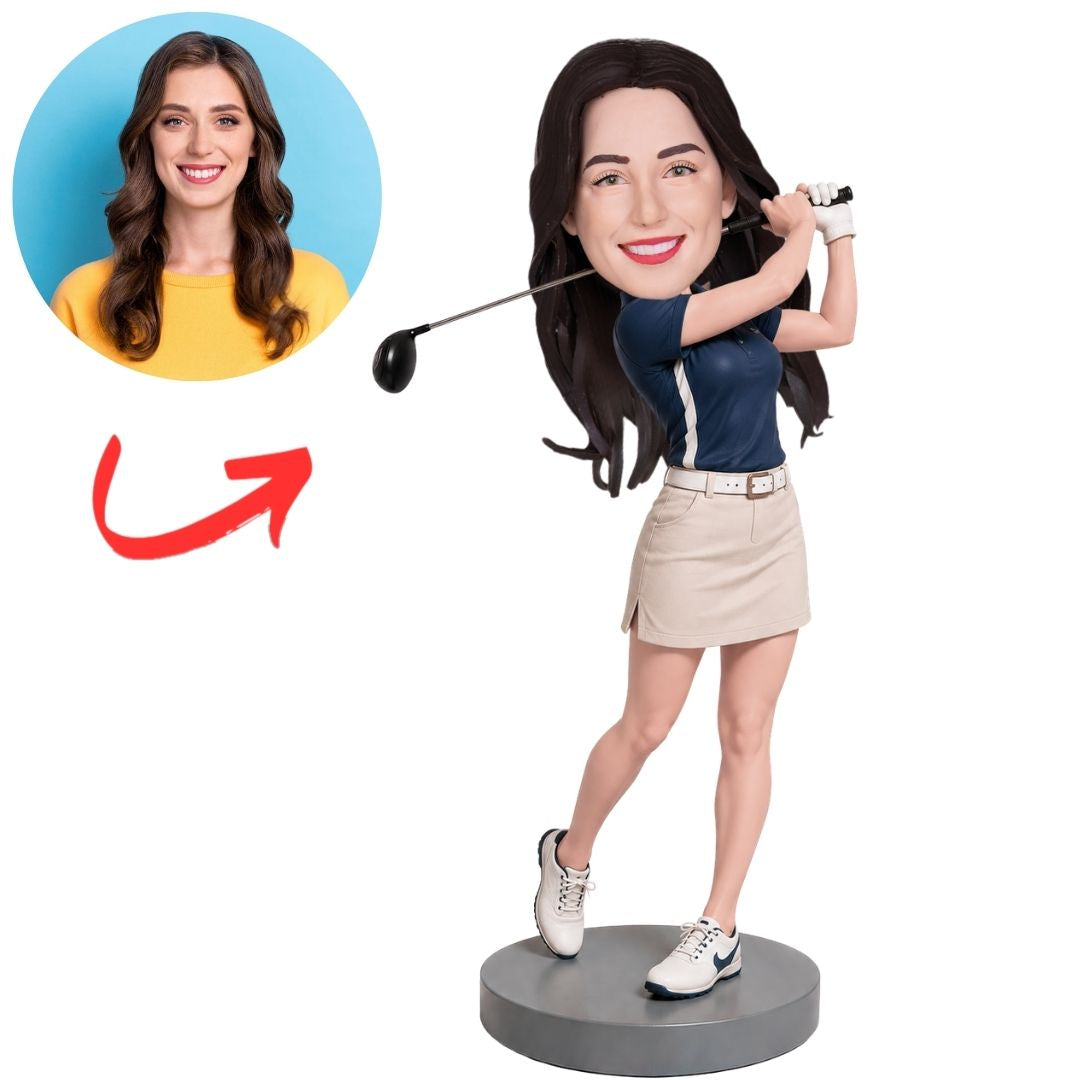 Woman Golfer Swinging Club in Navy Top Custom Bobblehead