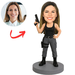 Woman in Black Tactical Outfit Holding Pistol Custom Bobblehead