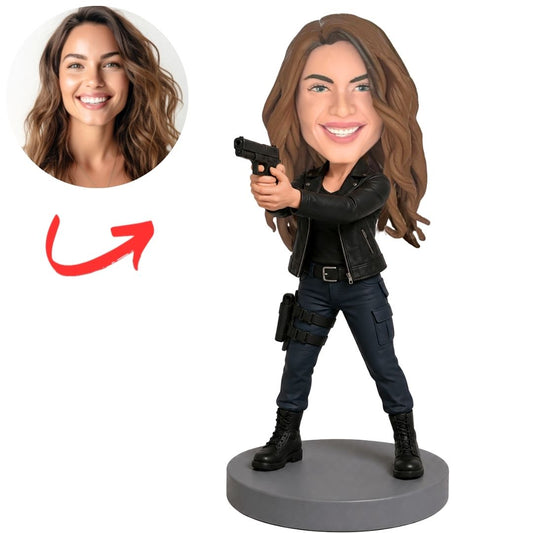 Woman in Black Tactical Outfit Aiming Pistol Custom Bobblehead