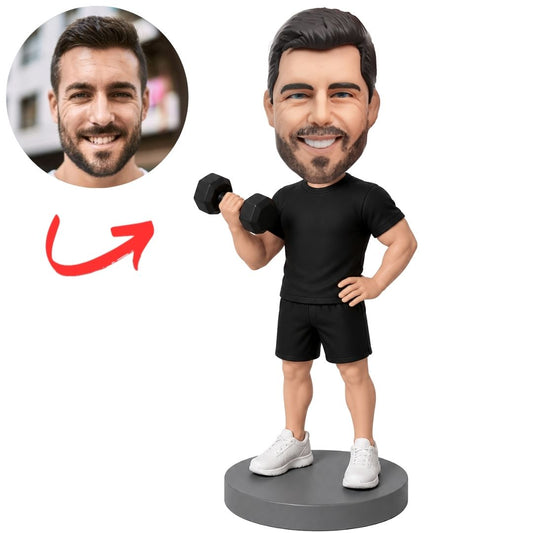 Workout Man in Black Outfit Holding Dumbbell Custom Bobblehead