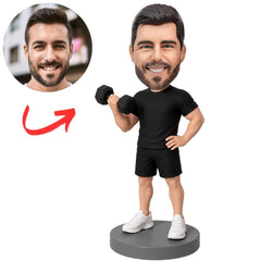 Workout Man in Black Outfit Holding Dumbbell Custom Bobblehead