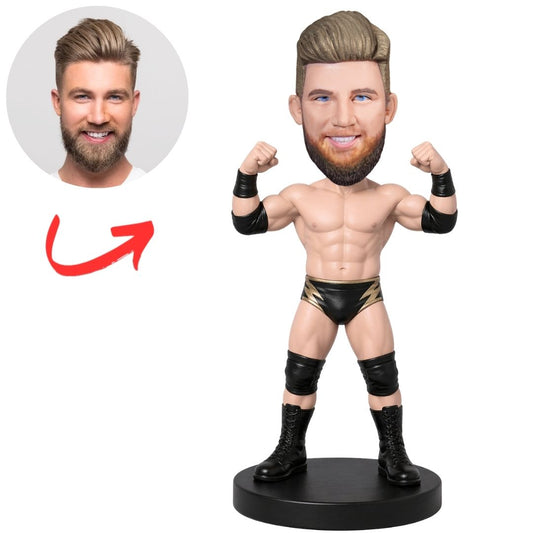 Wrestler in Black Trunks Flexing Custom Bobblehead