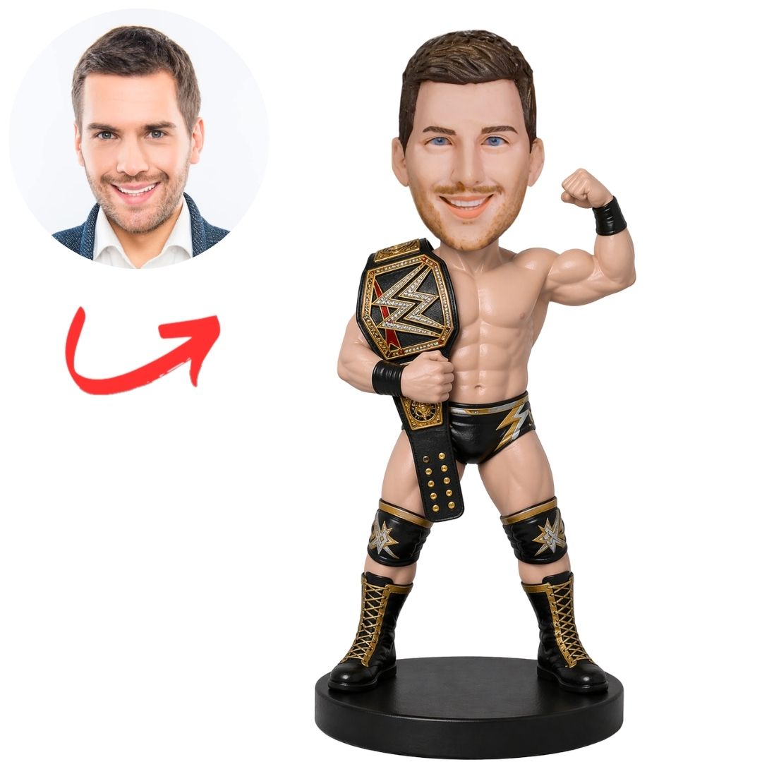 Wrestling Champion with Belt and Flexed Arm Custom Bobblehead