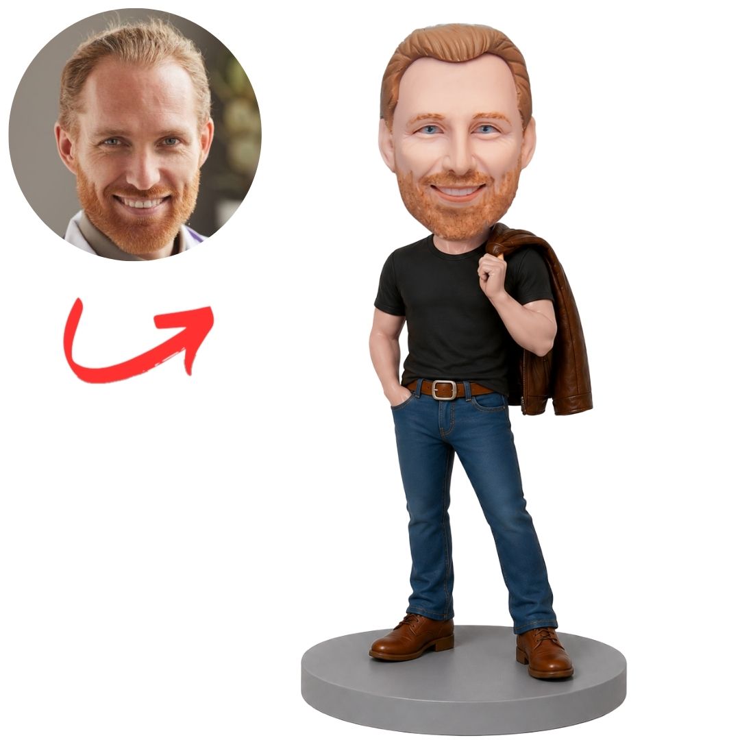 Casual Man with Black Vest over Shoulder Custom Bobblehead