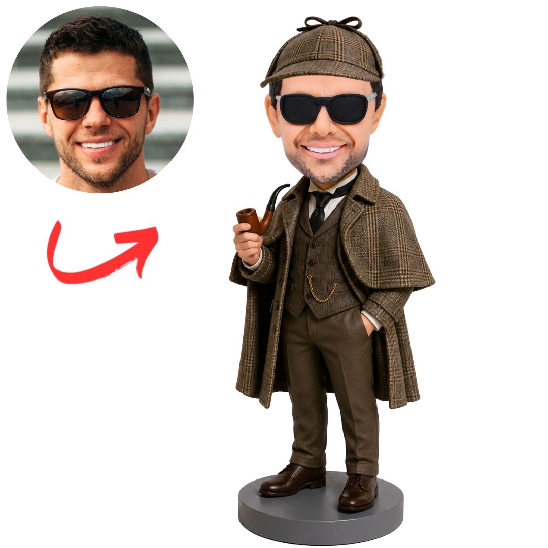 Sherlock Holmes Detective in Coat Holding Pipe Custom Bobblehead