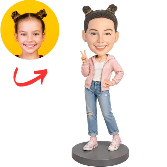 Child Girl in Pink Jacket Giving Peace Sign Custom Bobblehead