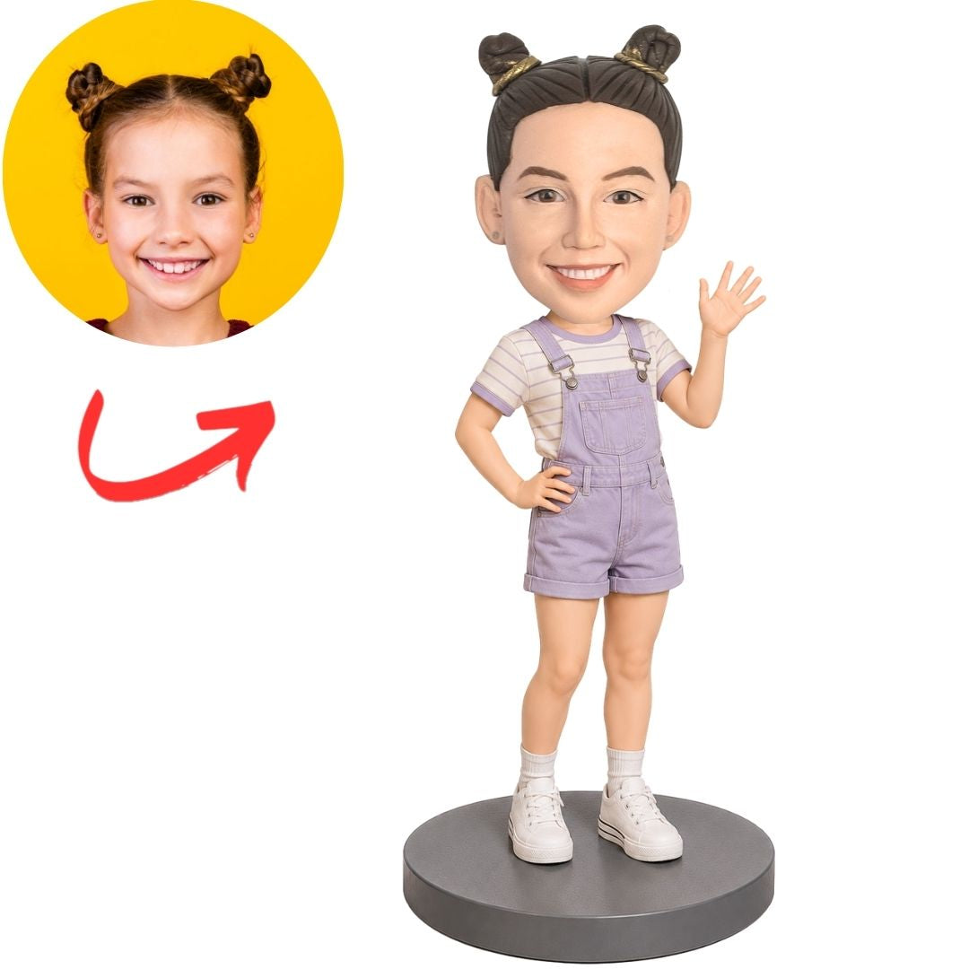 Child Girl in Lavender Romper Waving Custom Bobblehead