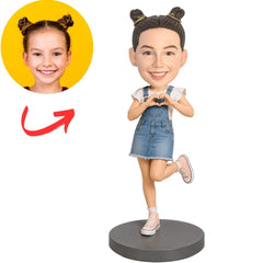 Child Girl in Denim Dress with Heart Hands Custom Bobblehead