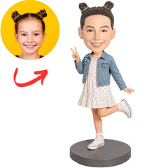 Child Girl in Denim Jacket and White Dress Custom Bobblehead