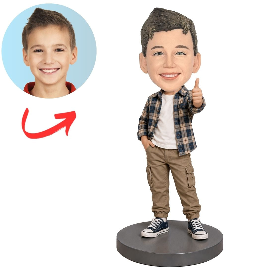 Child Boy in Plaid Shirt Giving Thumbs Up Custom Bobblehead