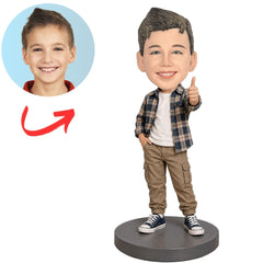 Child Boy in Plaid Shirt Giving Thumbs Up Custom Bobblehead