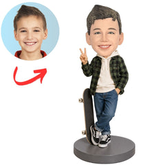 Child Boy with Skateboard Giving Peace Sign Custom Bobblehead