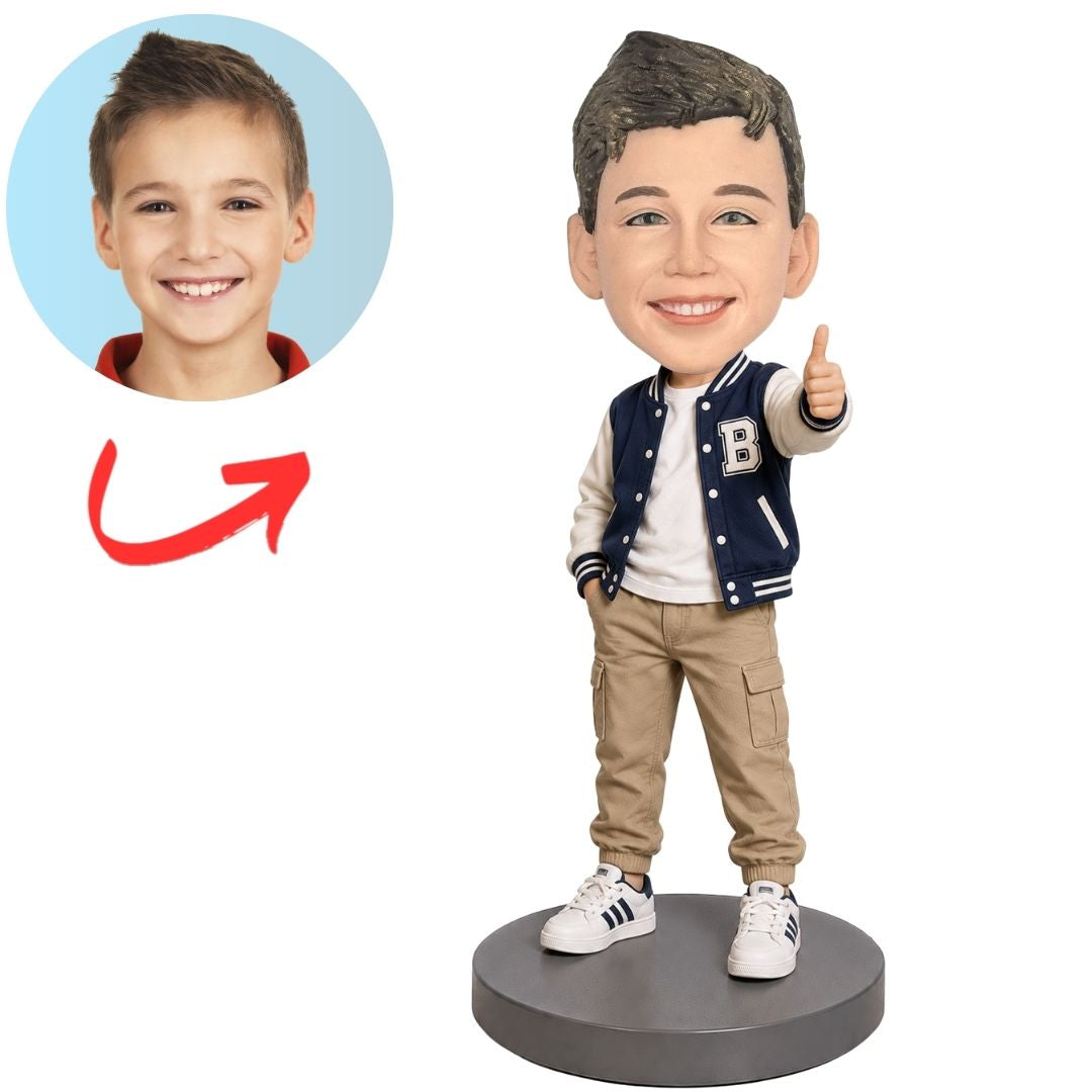 Child Boy in Navy Varsity Jacket Giving Thumbs Up Custom Bobblehead