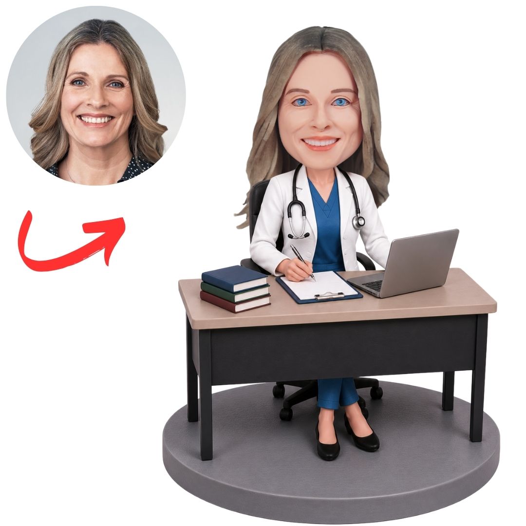 Doctor Sitting at Desk with Laptop and Books Custom Bobblehead