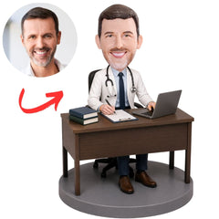 Doctor Sitting at Wooden Desk with Laptop Custom Bobblehead