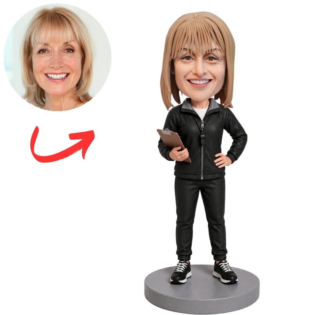 Female Coach in Black Tracksuit with Hands on Hips Custom Bobblehead