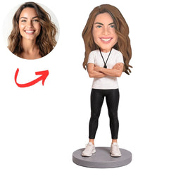 Female Coach in White Top with Arms Crossed Custom Bobblehead