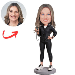 Female Coach in Black Jacket Holding Stopwatch Custom Bobblehead