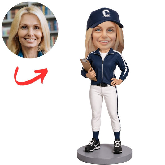 Female Baseball Coach in Navy Uniform Holding Bat Custom Bobblehead