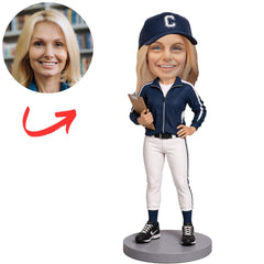 Female Baseball Coach in Navy Uniform Holding Bat Custom Bobblehead