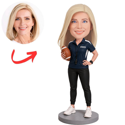 Female Football Coach Holding Football Custom Bobblehead