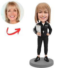 Female Soccer Coach in Black Tracksuit Holding Clipboard Custom Bobblehead