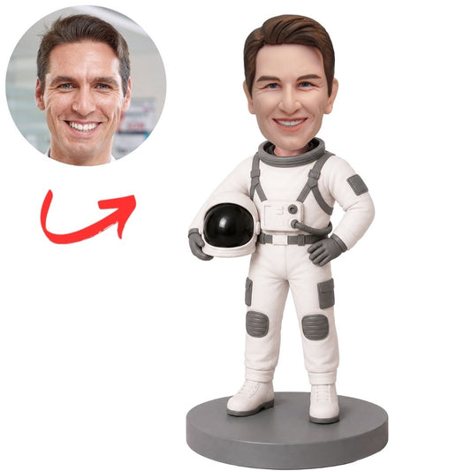 Astronaut in White Suit with Black Panels Holding Helmet Custom Bobblehead